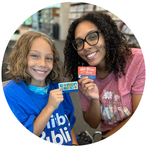 two people with library card