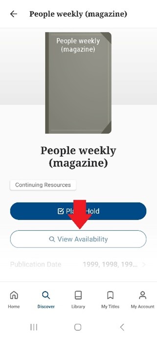 A screenshot of the library's app with a red arrow pointing to the 